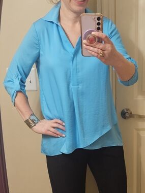 Renuar Airflow Blouse XS Aquamarine Blue-Green Hi-Low Top Lightweight 3/4 Sleeve